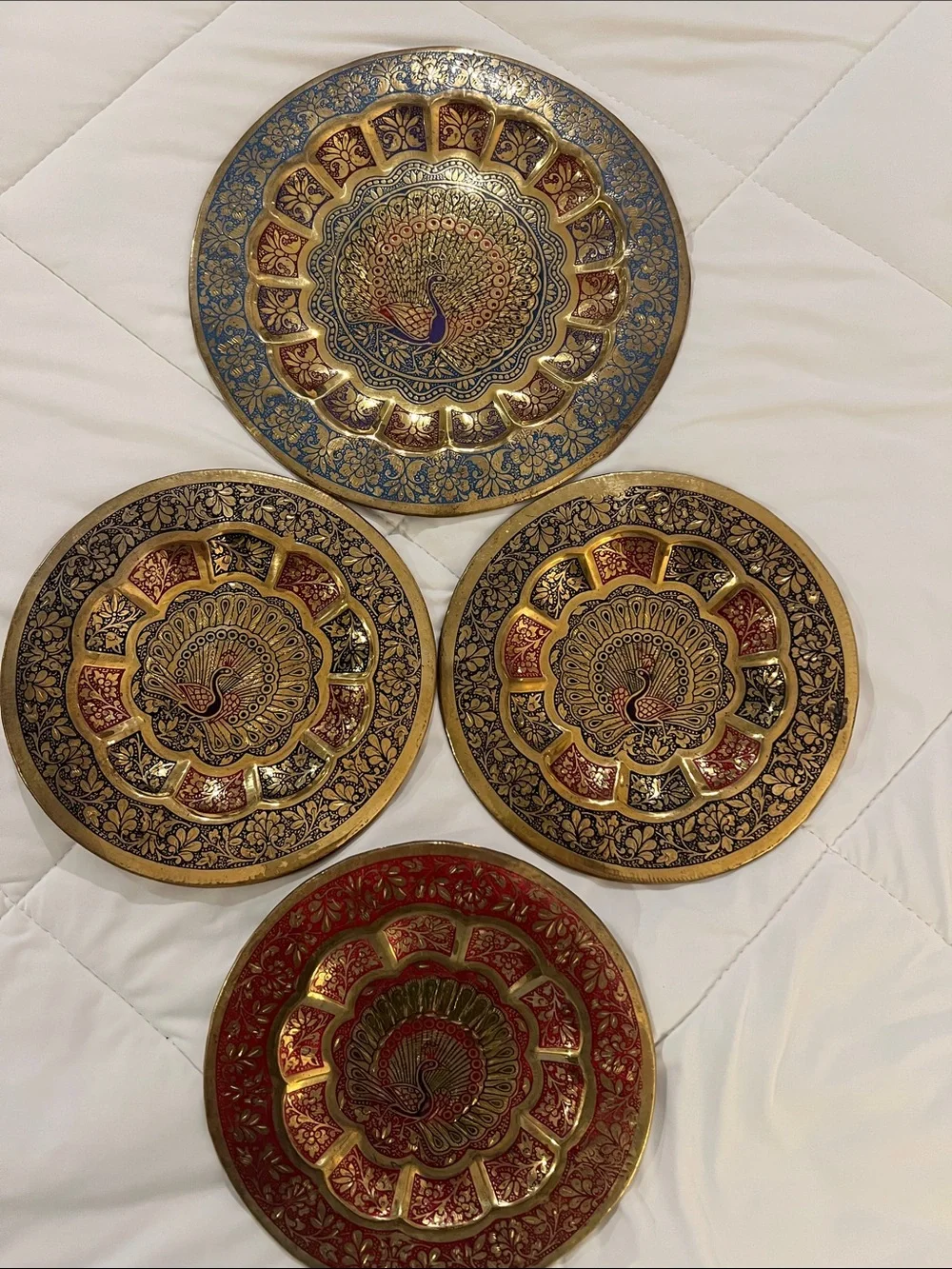 4 Decorative Peacock Brass Wall Plates. Gold w Purple, Blue, Black & Red Accents